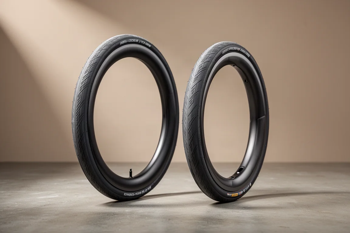 Twee performance racefietsbanden op een betonnen ondergrond, één gemonteerd op een hoge velg