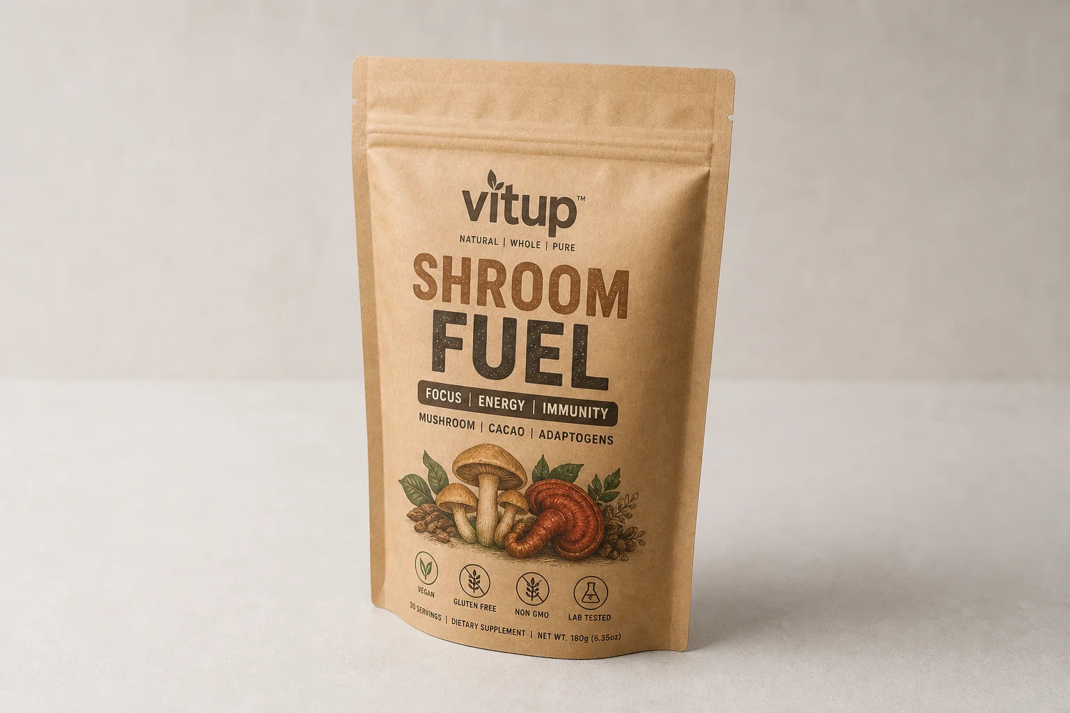 Five mushroom coffee products arranged on concrete surface