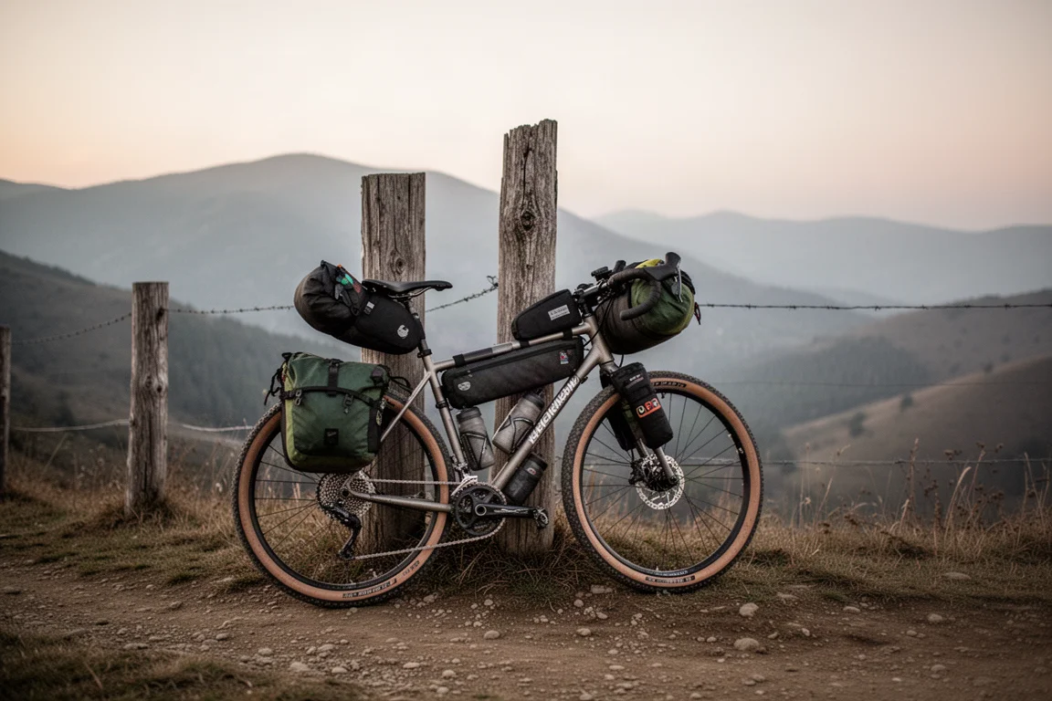 Gravelcykel lastad med bikepackingväskor vilande på en bergsstig i skymningen