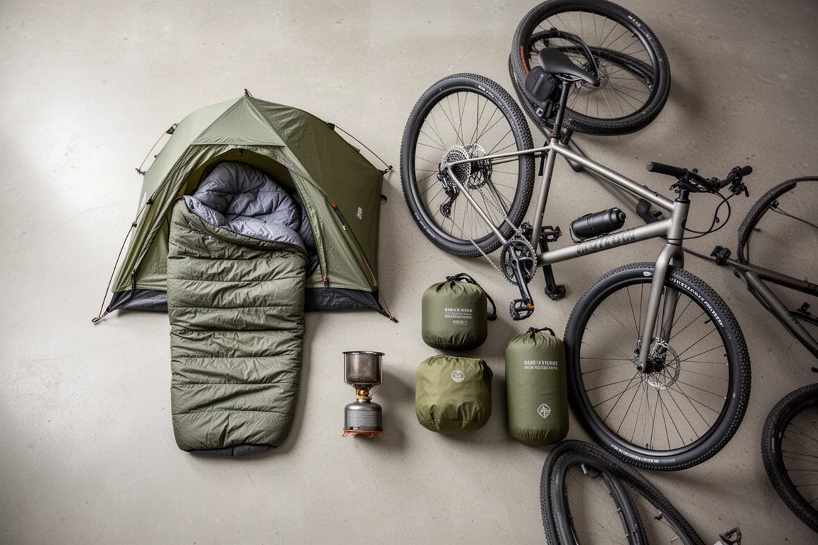 Uppläggning av bikepackingutrustning bredvid en gravelcykel på ett betonggolv