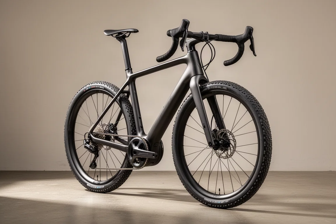 Carbon gravelbike met robuust oversized frame en brede flared drop-stuur op beton