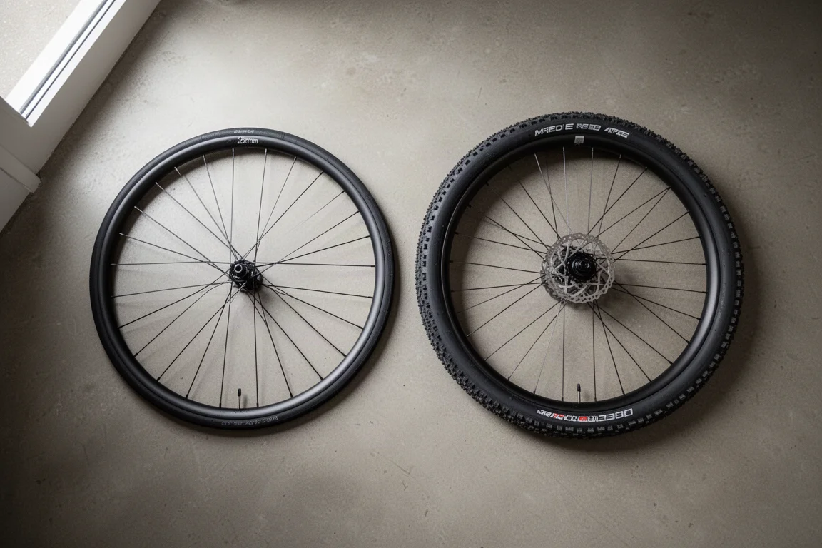 コンクリート上に並んだ2組のバイク用ホイールセット。片方は細いスリックタイヤ、もう片方は幅広でトレッド付きのグラベルタイヤ