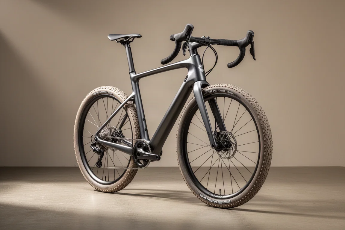 Carbon allroad-fiets met aero frame en brede gravelbanden op een betonnen ondergrond