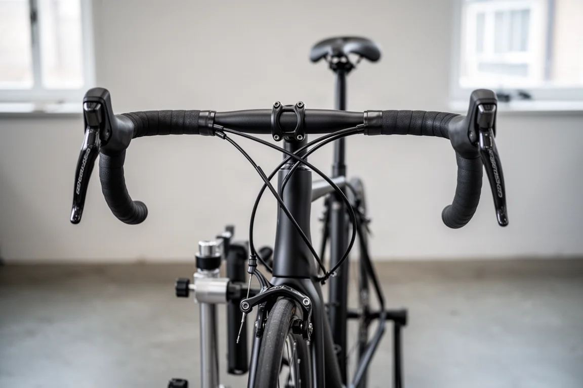 로드 바이크 핸들바에서 별도의 스템으로 이어지는 케이블을 클로즈업한 사진