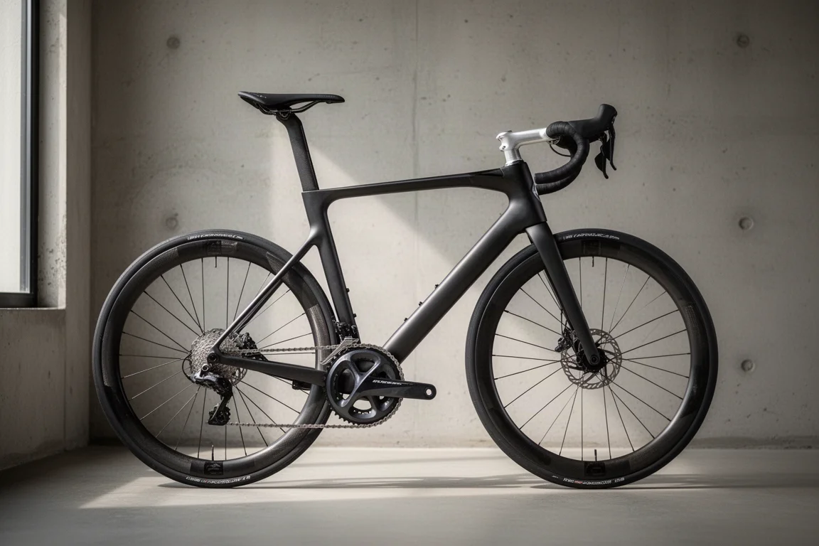 柔らかな光の中でマットなコンクリート壁を背景にしたカーボンロードレースバイクの横姿