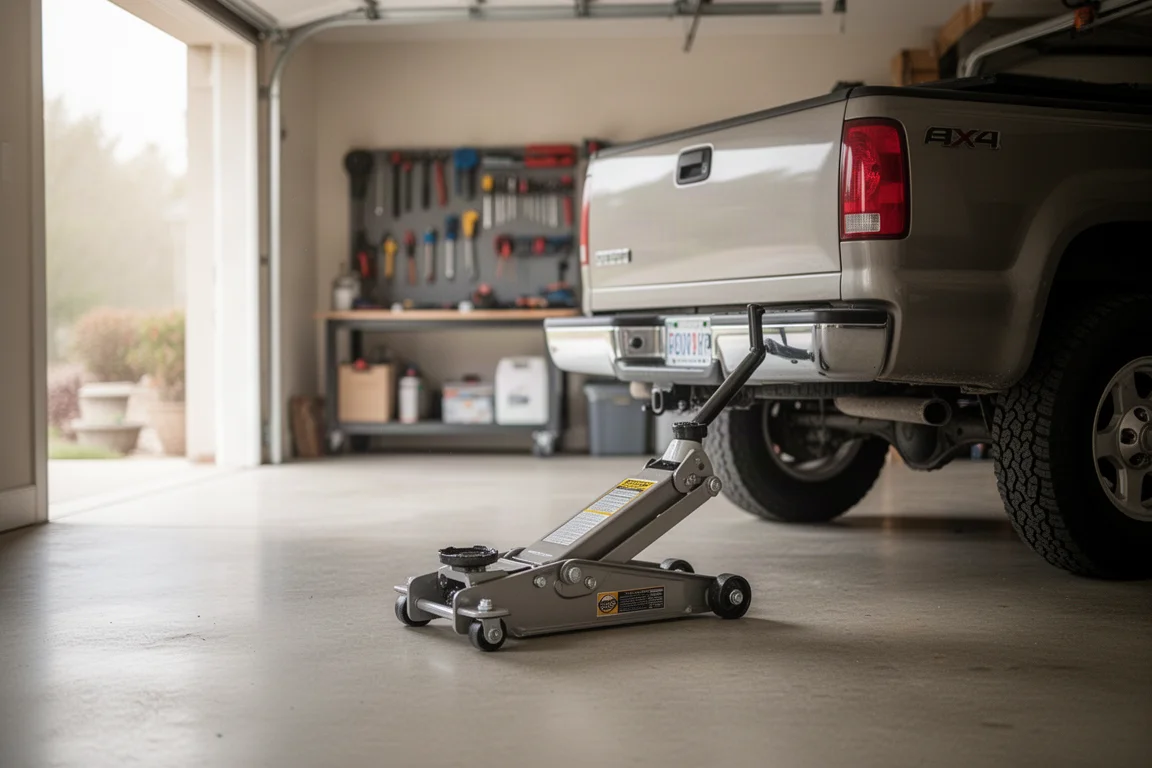 Cric idraulico a pavimento parcheggiato su un pavimento di garage pulito vicino a un pickup