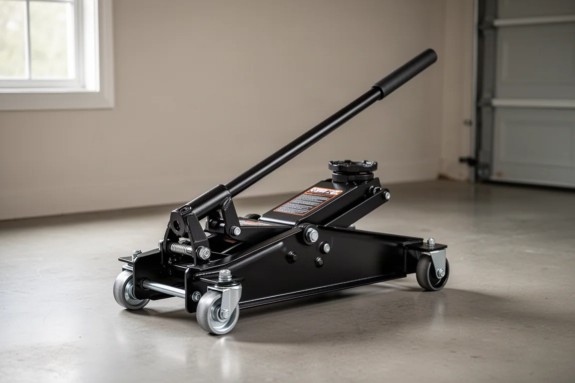 Black hydraulic floor jack with long handle on a garage concrete floor