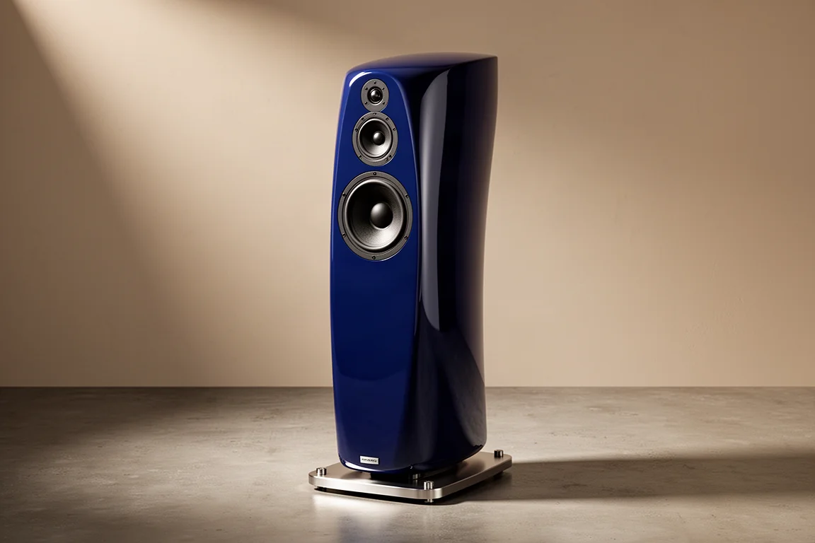 Tall sculpted floorstanding loudspeaker in glossy blue with a stainless steel base