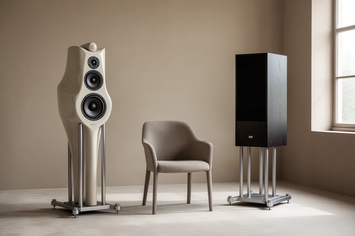 미니멀한 청음실에서 의자 하나를 향해 스탠드에 놓인 두 북셀프 스피커