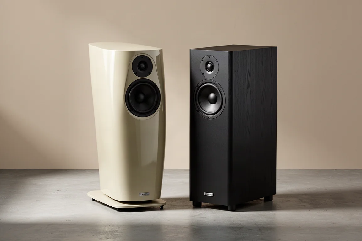 Two stand-mount hi-fi speakers on a matte concrete surface in soft studio light
