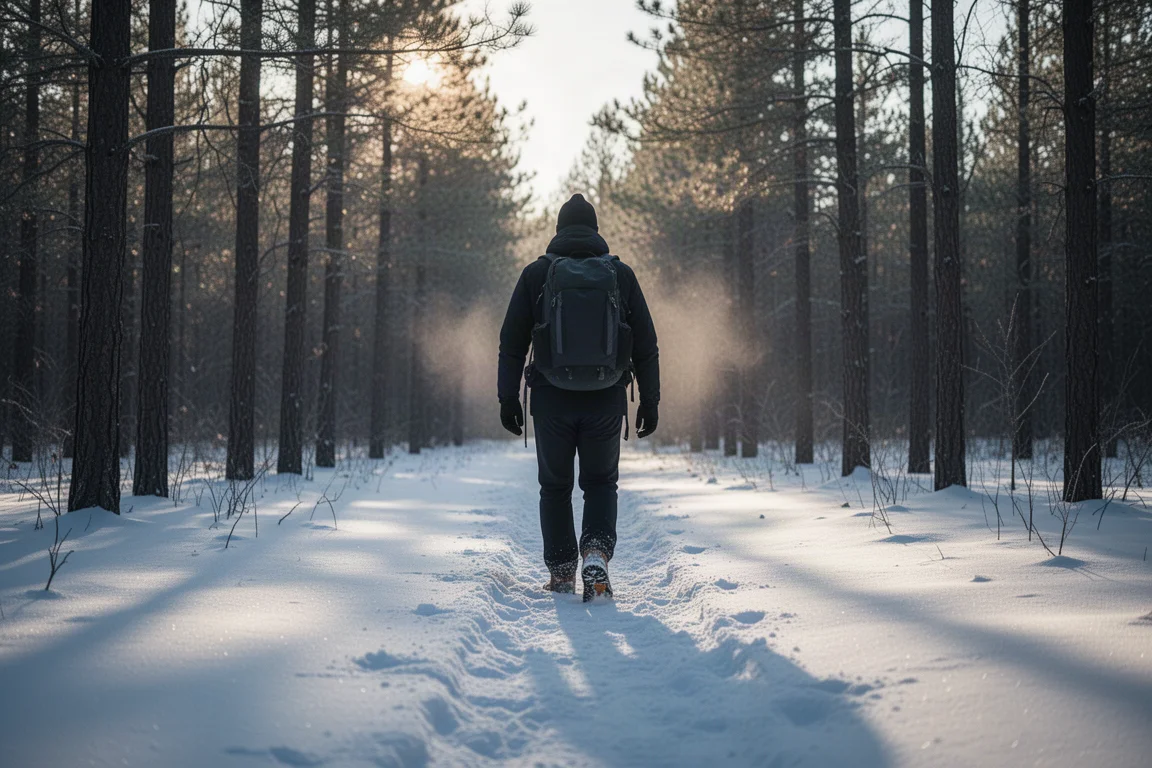 Hiker walking a packed snow trail through bare pine trees in low winter light