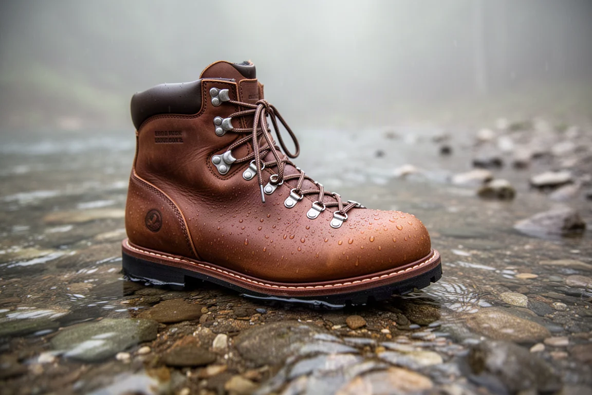 Leather hiking boot standing in shallow creek water with droplets beading on the surface