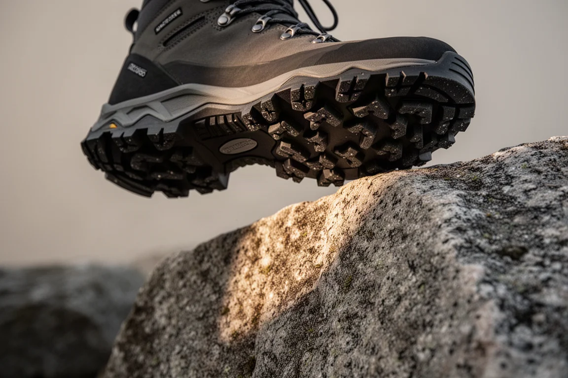 Lugged hiking boot sole flexing over the edge of a rough granite rock
