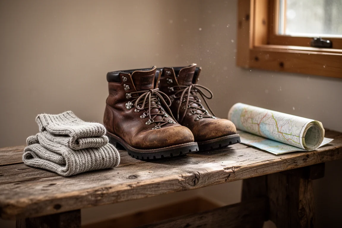 Worn hiking boots on a wooden bench beside wool socks and a folded map