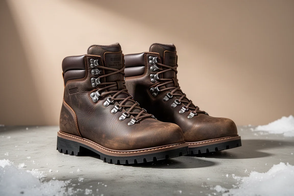 Pair of brown leather winter hiking boots with lugged soles on a concrete surface