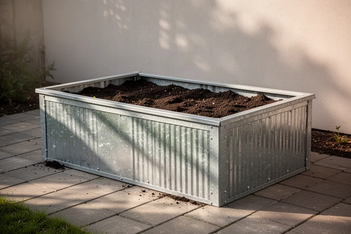 Verzinktes Stahl-Hochbeet, gefüllt mit Erde, auf einer Terrasse bei Tageslicht