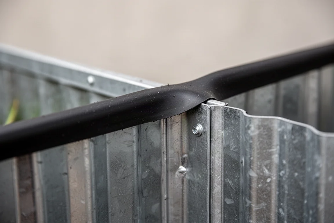 Nahaufnahme einer Gummikante, die über den oberen Rand eines Metall-Hochbeets gezogen ist