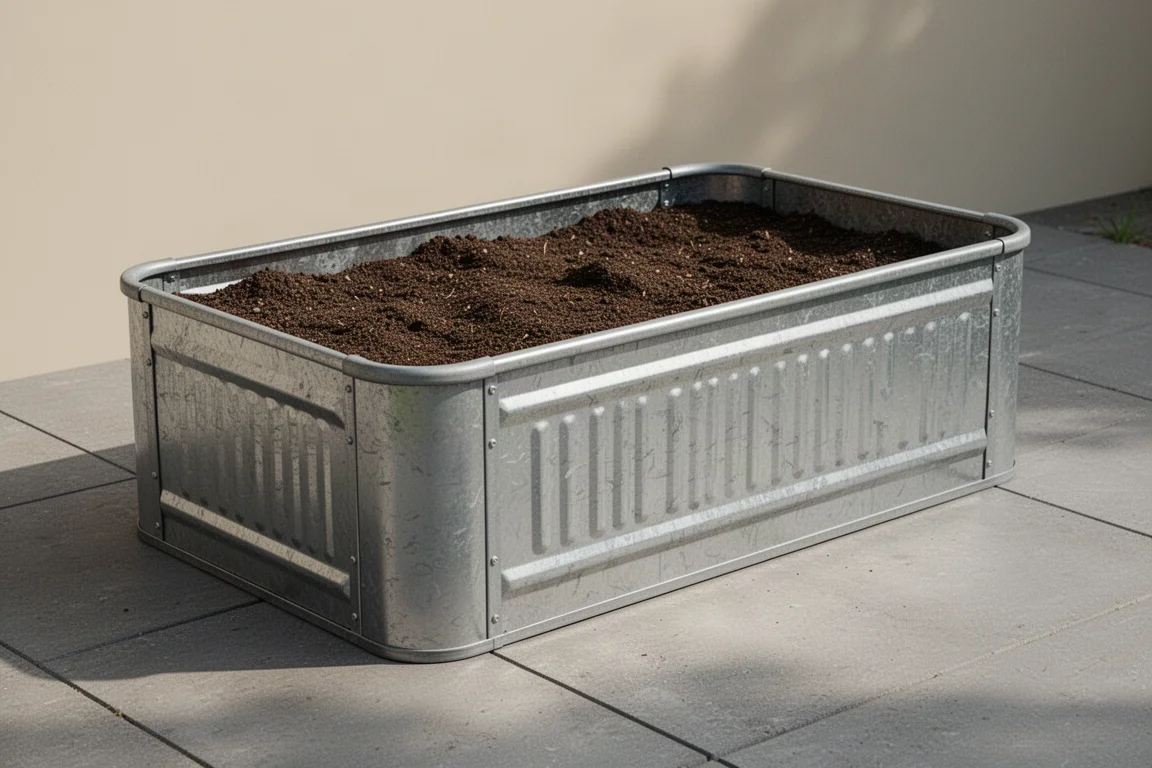 Galvanized steel raised garden bed filled with soil on a concrete patio