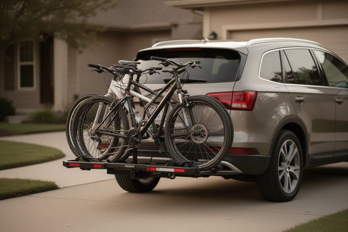 Heck eines SUV mit einem Hitch-Fahrradträger, beladen mit zwei Fahrrädern, geparkt in einer Einfahrt