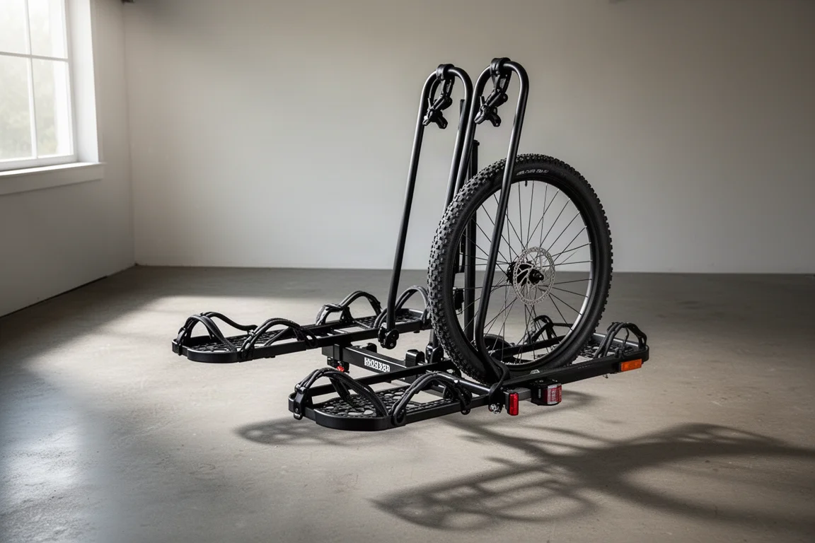 Black steel hitch bike rack with tire trays on a concrete garage floor