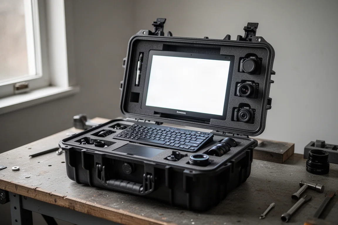 Maletín robusto abierto que muestra la pantalla y el teclado integrados de la cámara de inspección