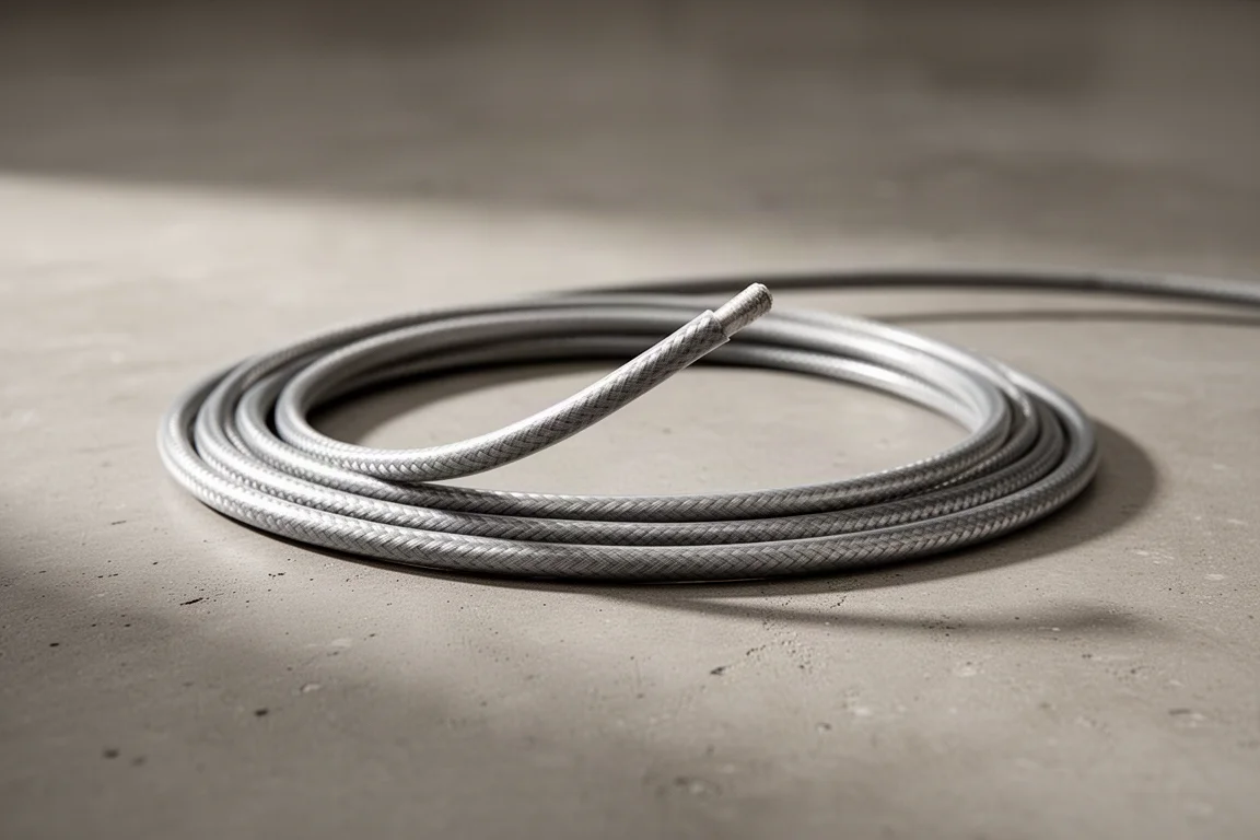 Primer plano de una varilla flexible de fibra de vidrio ligeramente doblada sobre un suelo de hormigón