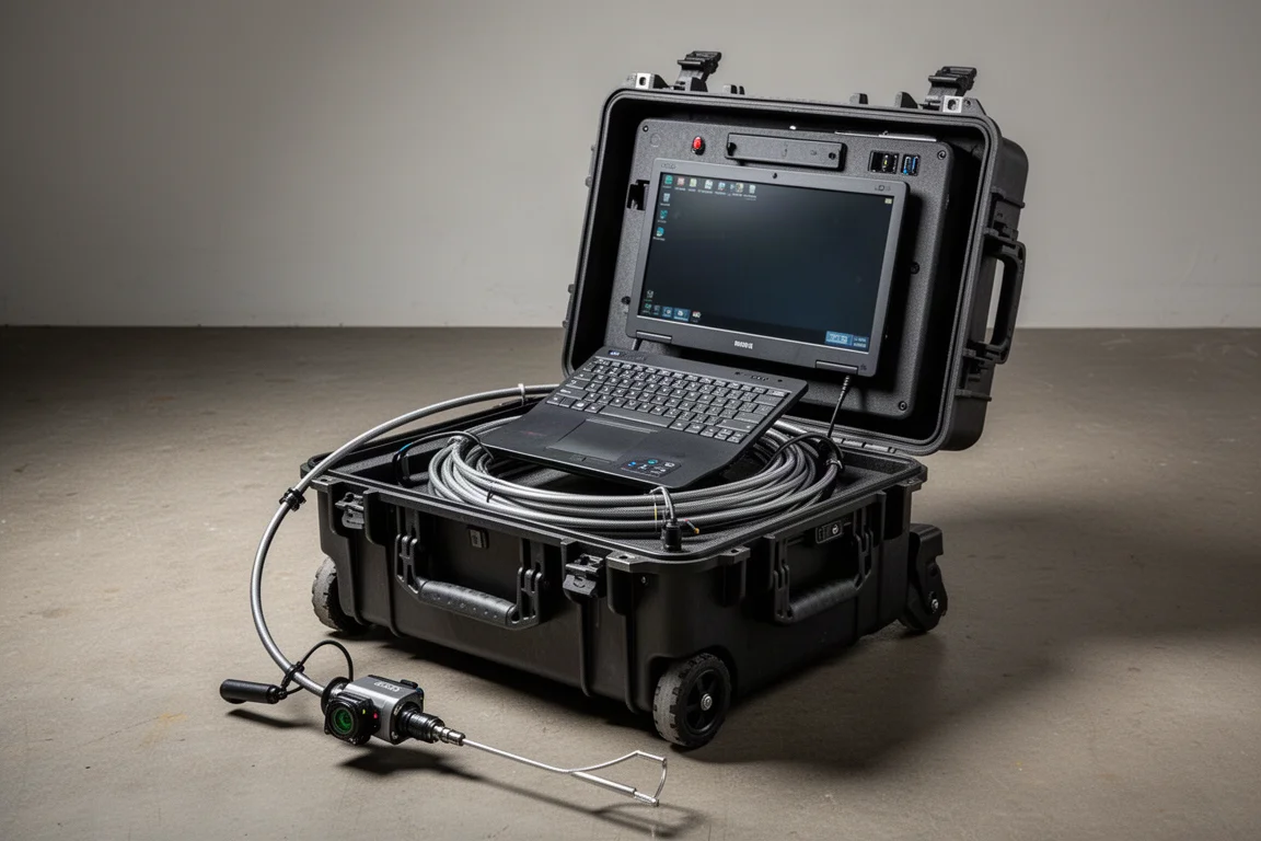 Vivo WP9612FT drain inspection camera system in an open rugged carry case