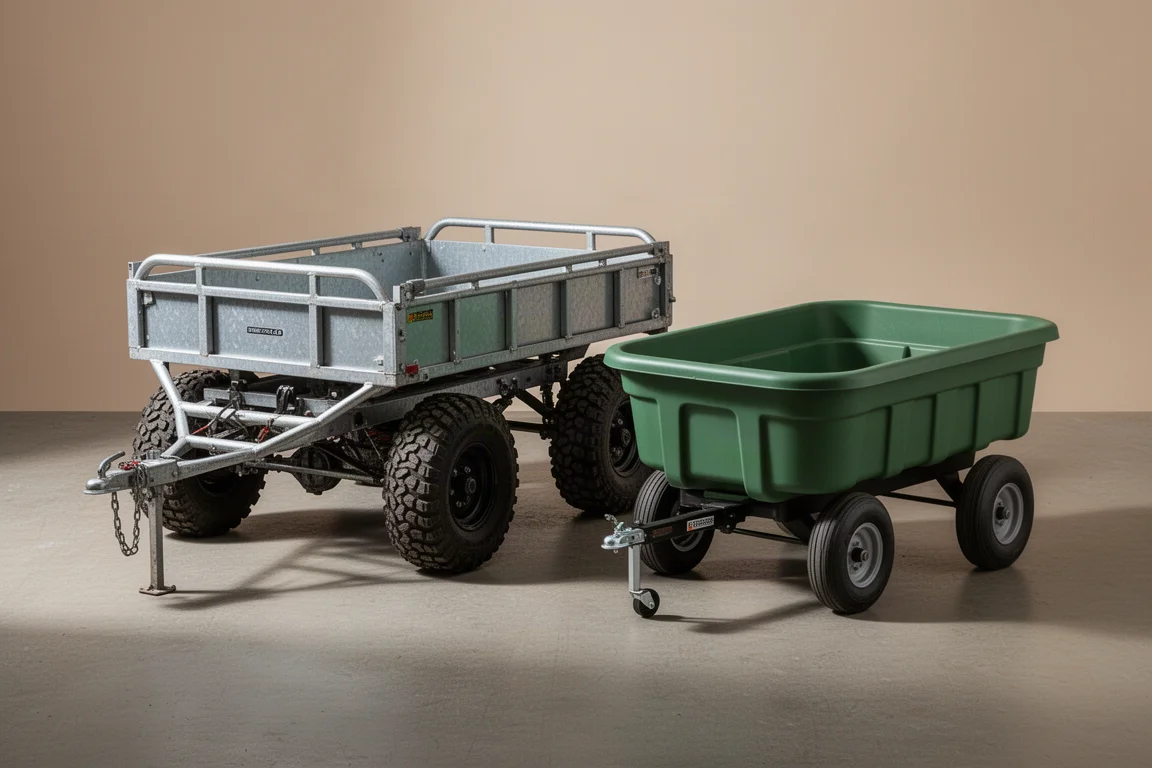 Steel off-road utility trailer and poly-bed garden cart side by side on concrete