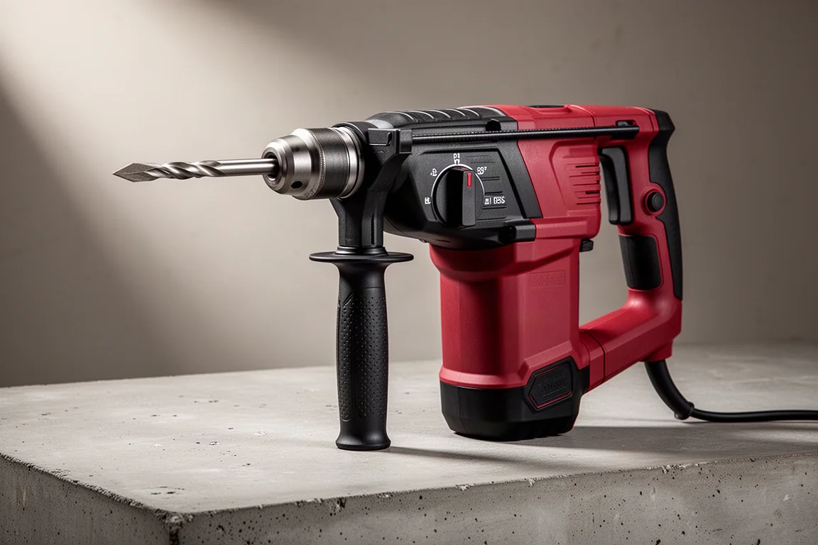 Corded SDS rotary hammer with side handle and chisel bit on concrete surface