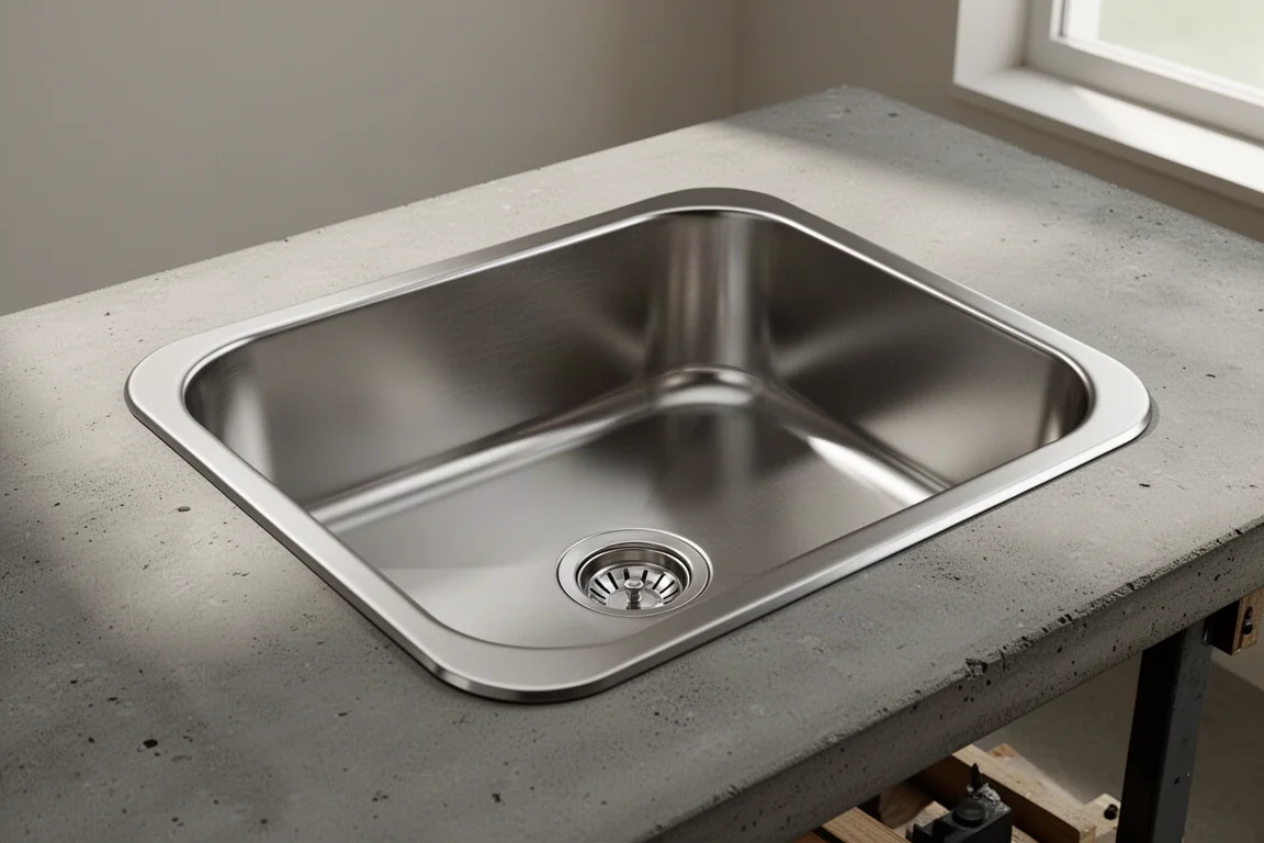 Stainless steel single-basin drop-in kitchen sink on a neutral concrete surface
