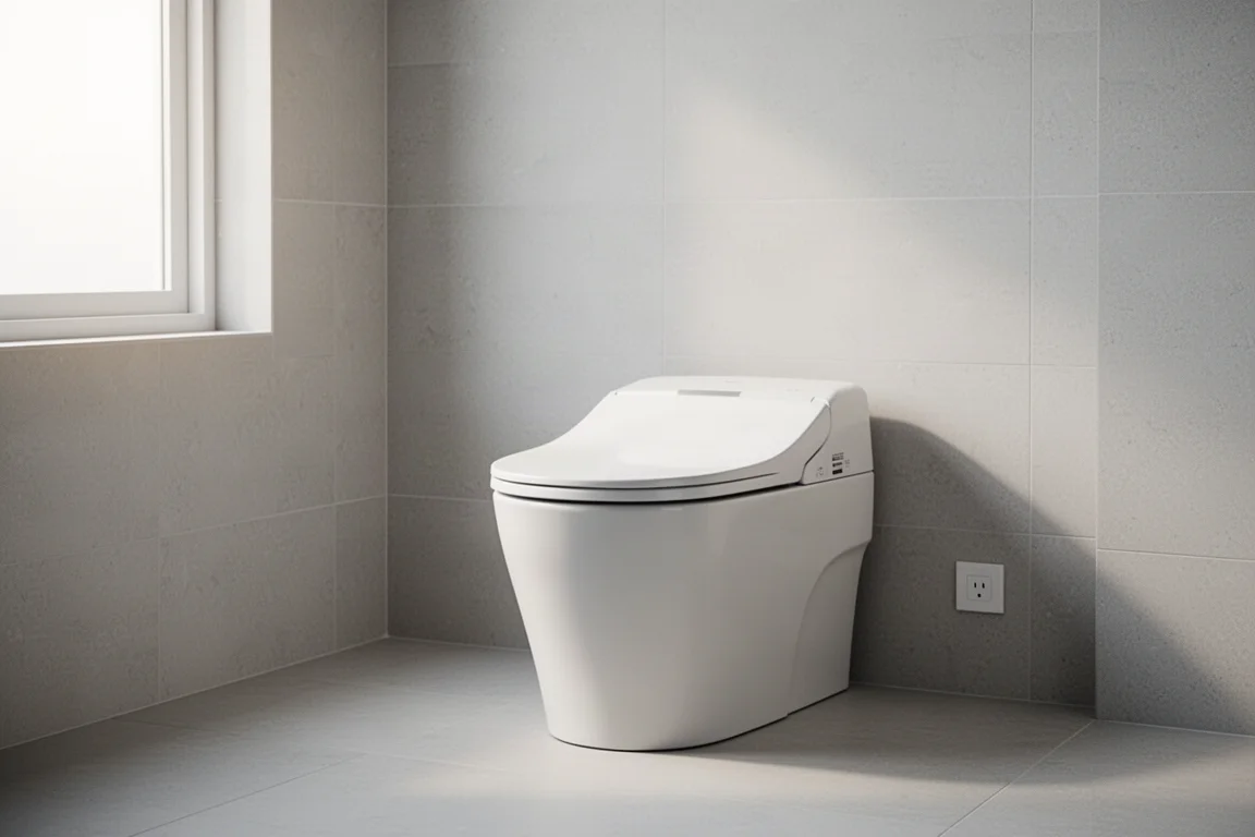 Moderne Smart-Toilette in einem hellen, minimalistischen Badezimmer installiert