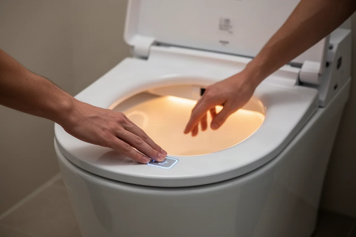 Ein Fuß nahe der Basis einer Toilette, der einen Touch-Sensor aktiviert