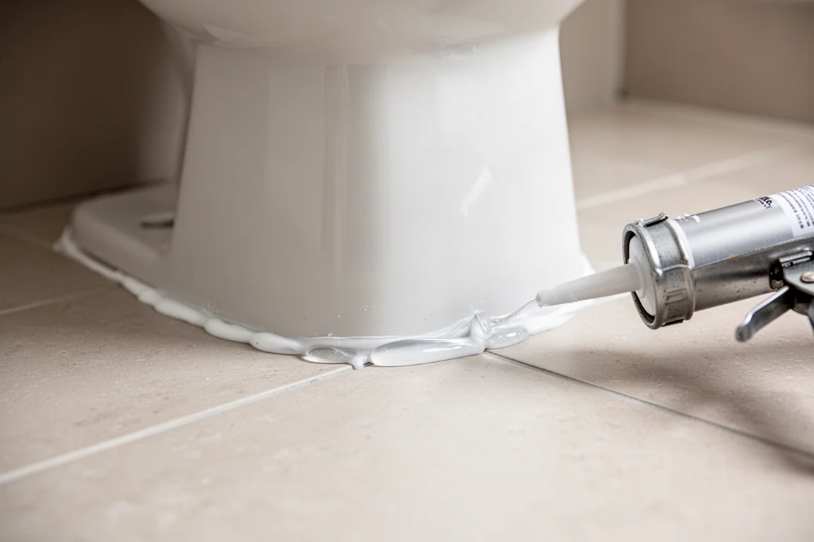 Silikonperle wird um die Basis einer Toilette aufgetragen