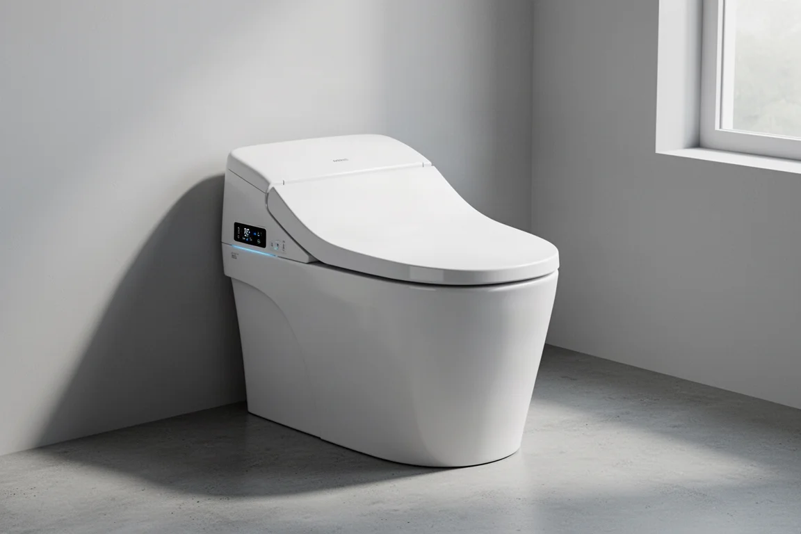Modern white smart toilet with digital display in a minimalist bathroom