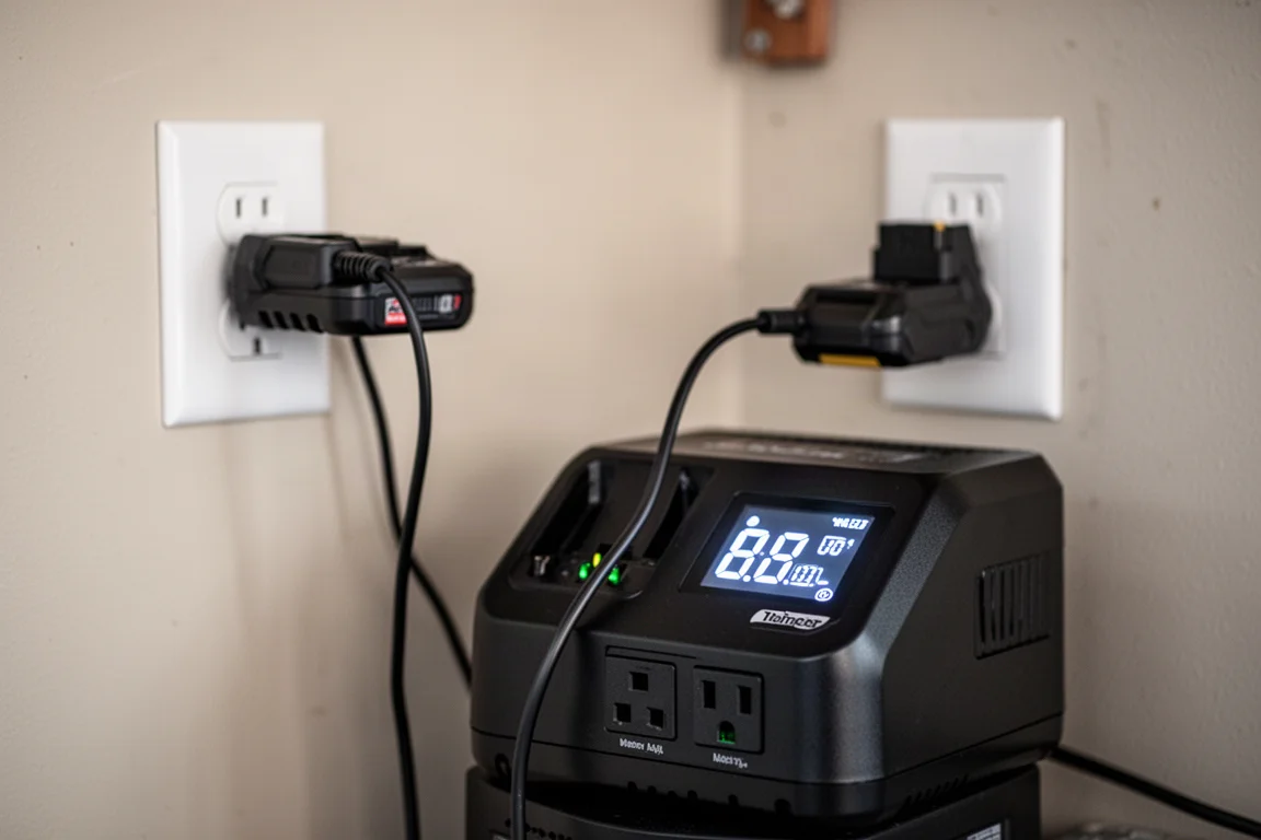 Primo piano di un caricabatterie per batteria di attrezzi collegato a una presa di una centrale portatile