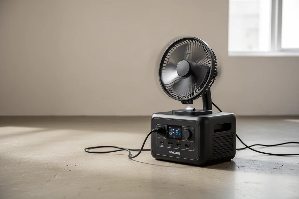 Ventilatore portatile collegato a una centrale elettrica in funzione in una giornata calda