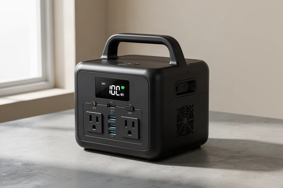 Compact black portable power station with display and outlets on a concrete surface
