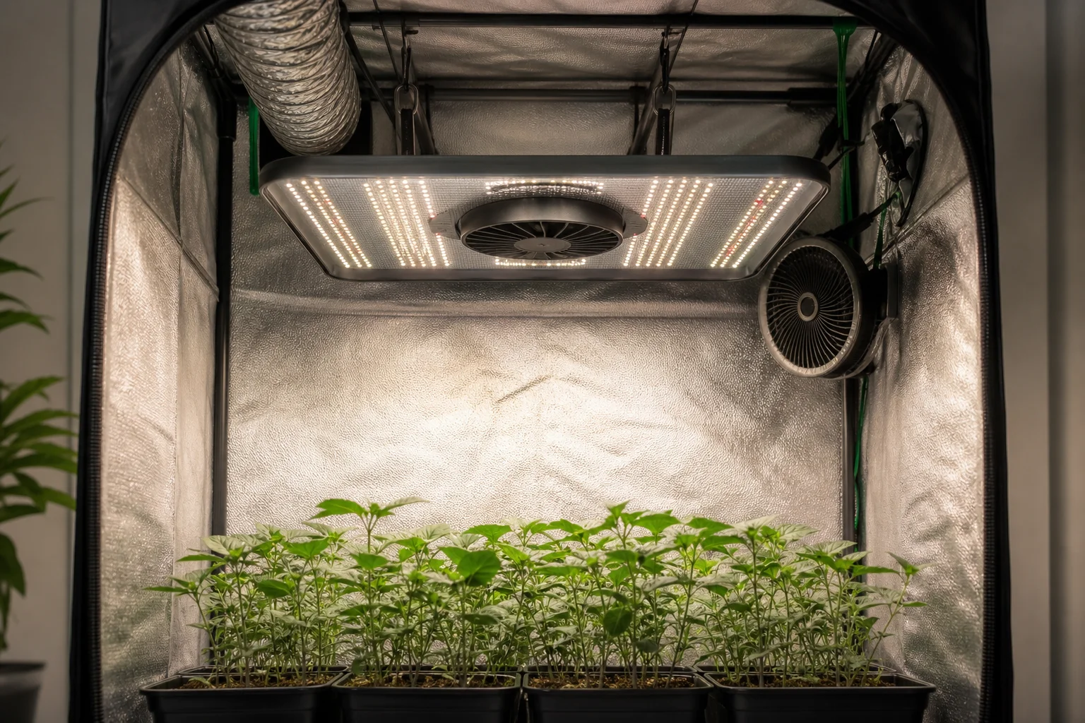 Compact grow tent interior with LED light and fan mounted overhead