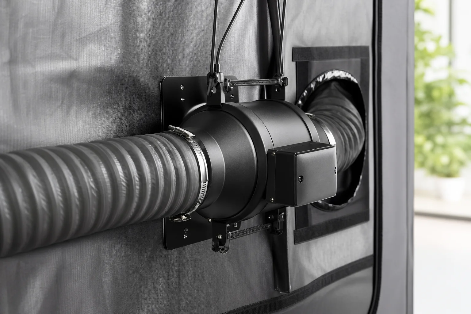 Close-up of inline duct fan ducting connected to grow tent exterior