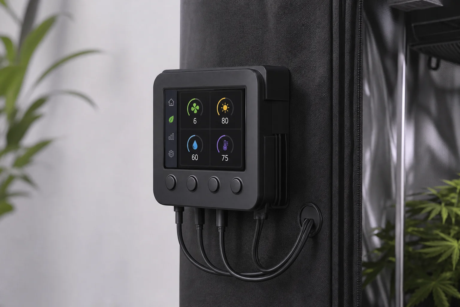 GrowHub Controller mounted on grow tent exterior with display screen visible
