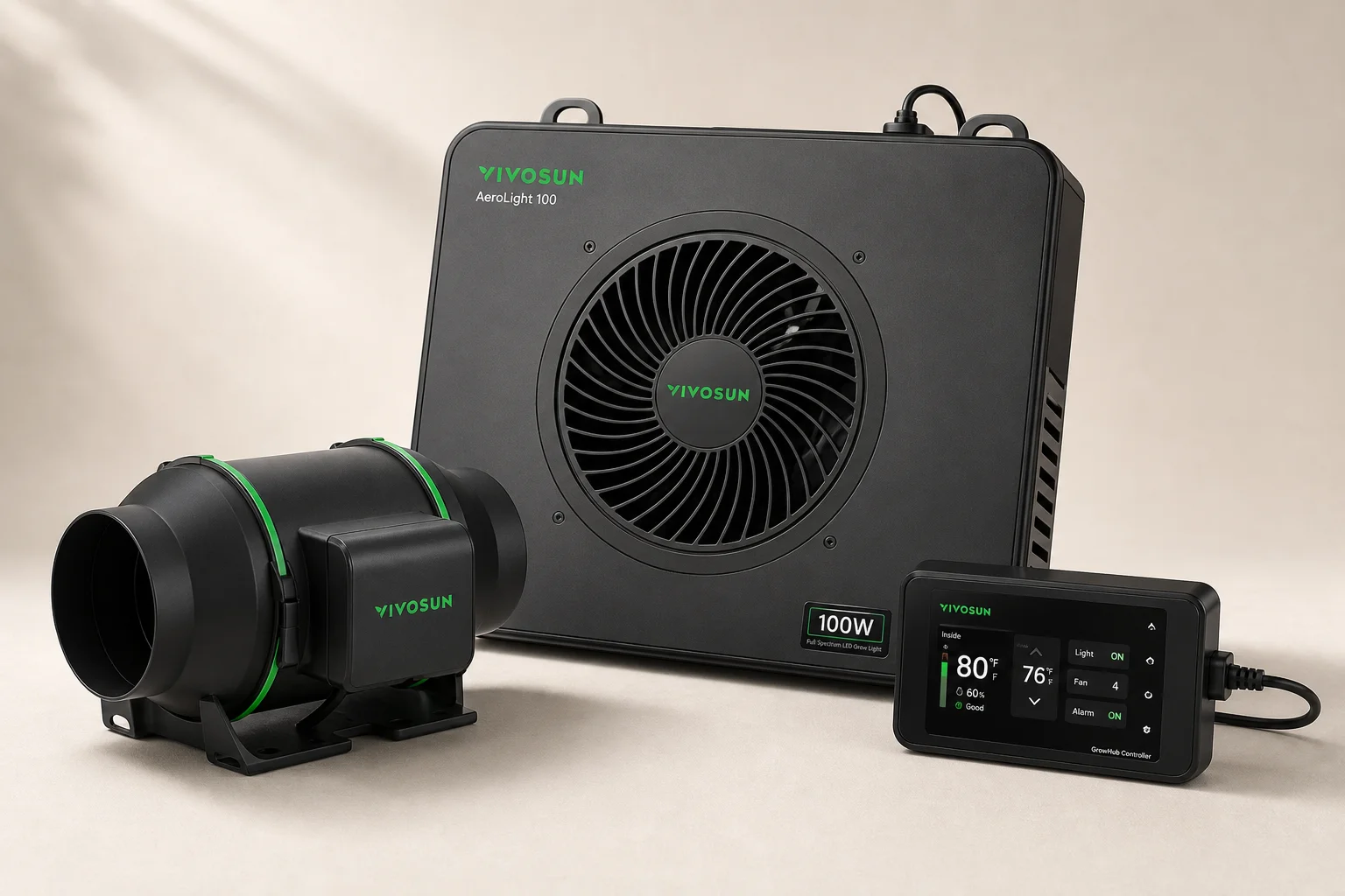 VIVOSUN AeroLight、AeroZesh 風扇與 GrowHub 控制器於中性背景下的擺設