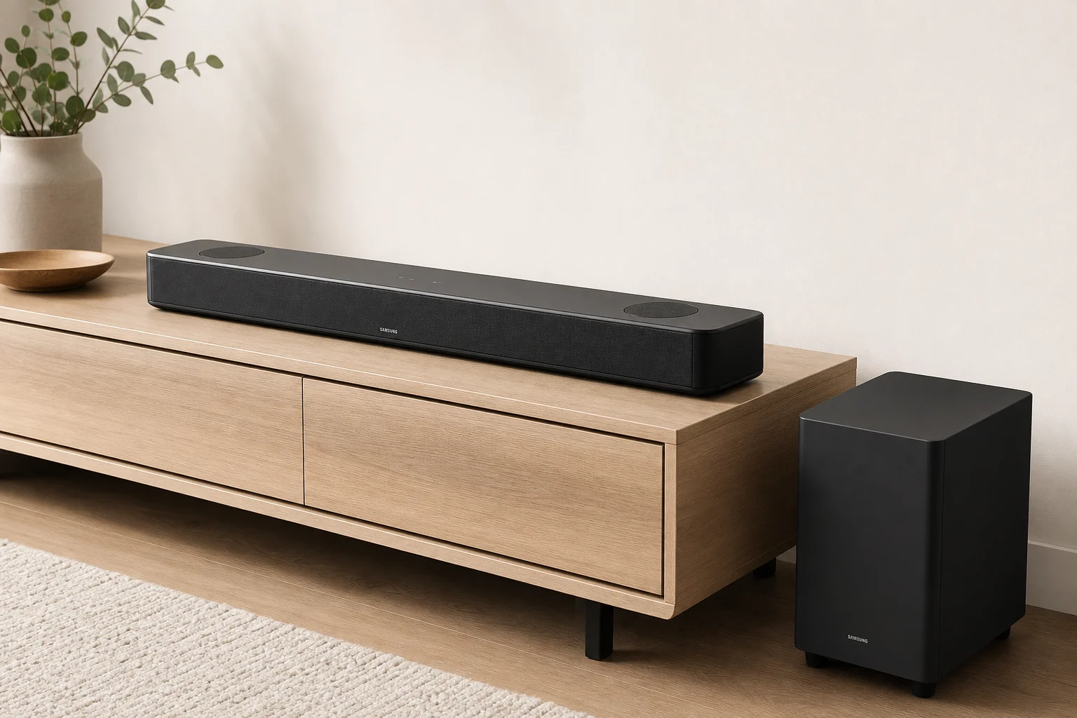Vizio M512a-H6 soundbar with subwoofer on media console