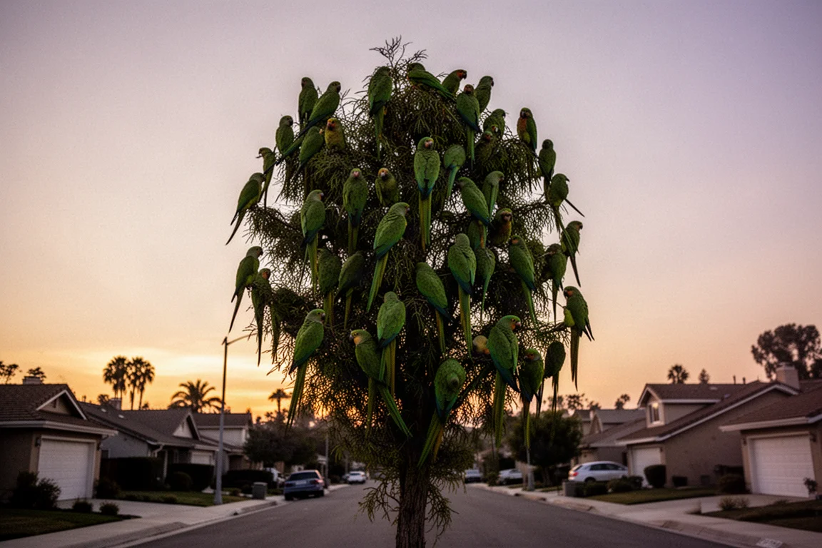 Loros silvestres posados en un árbol al anochecer