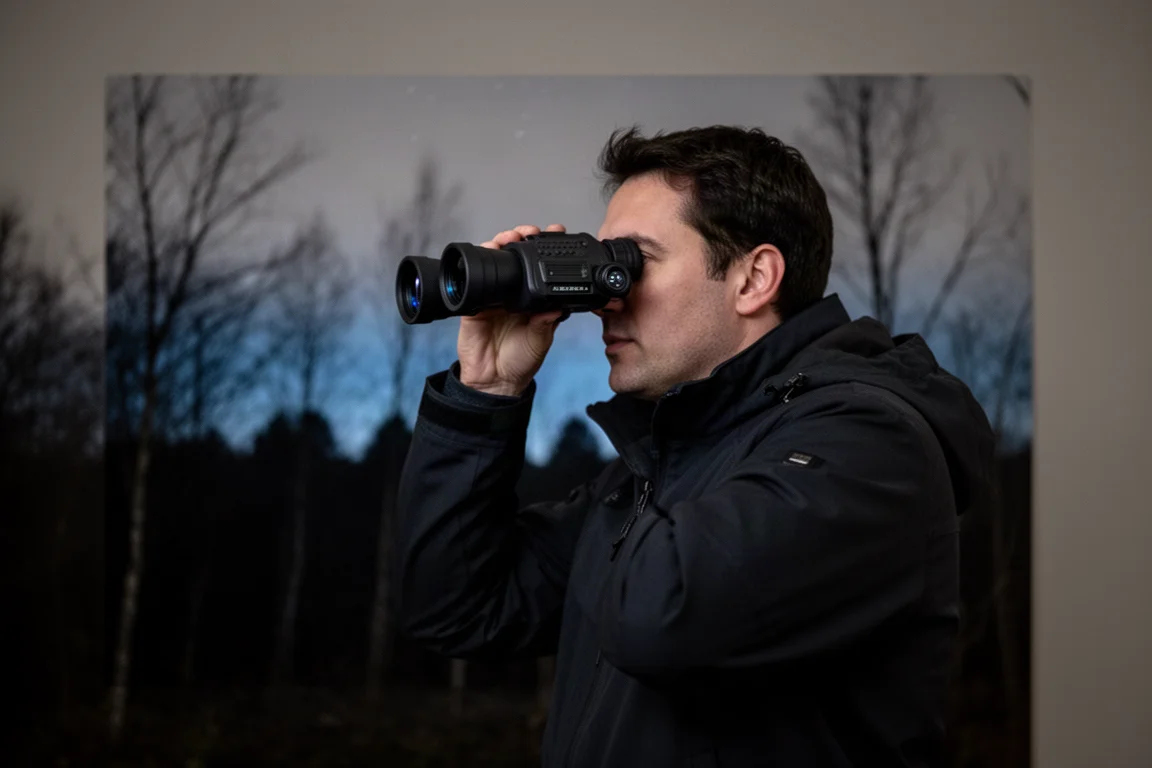 Observador de aves escaneando una línea de árboles oscura con prismáticos de visión nocturna