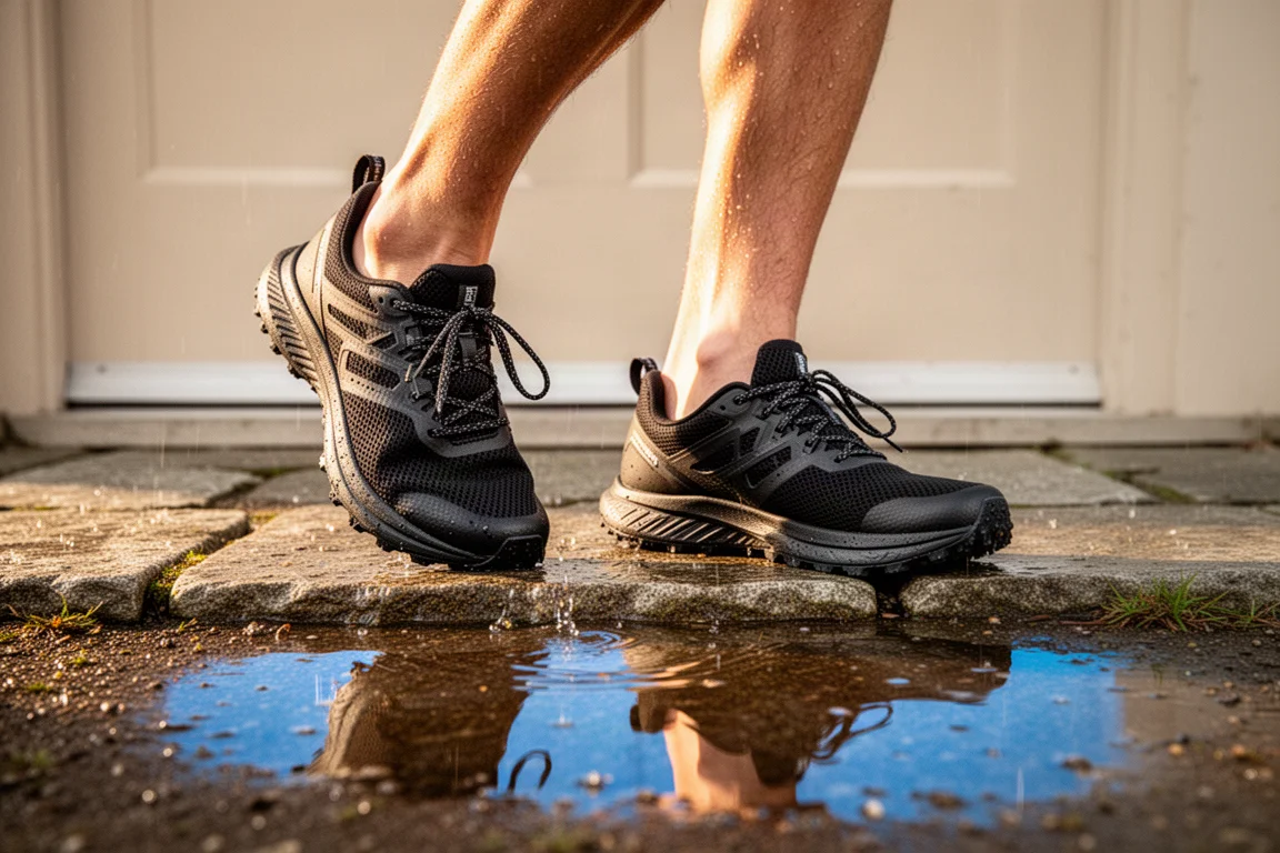 Runner lacing up road-to-trail running shoes on a doorstep before a mixed-terrain run