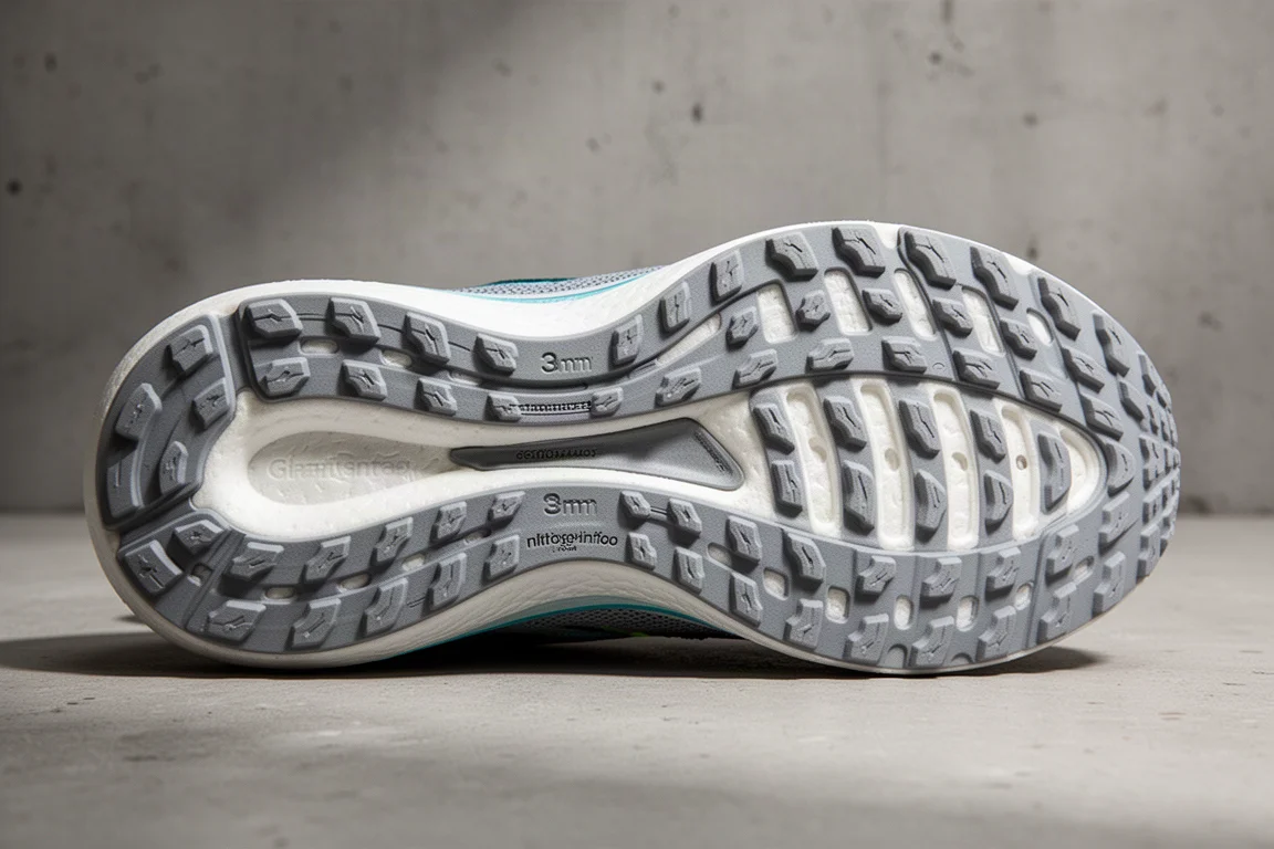 Close-up of a running shoe midsole showing foam sidewall and shallow lugged outsole