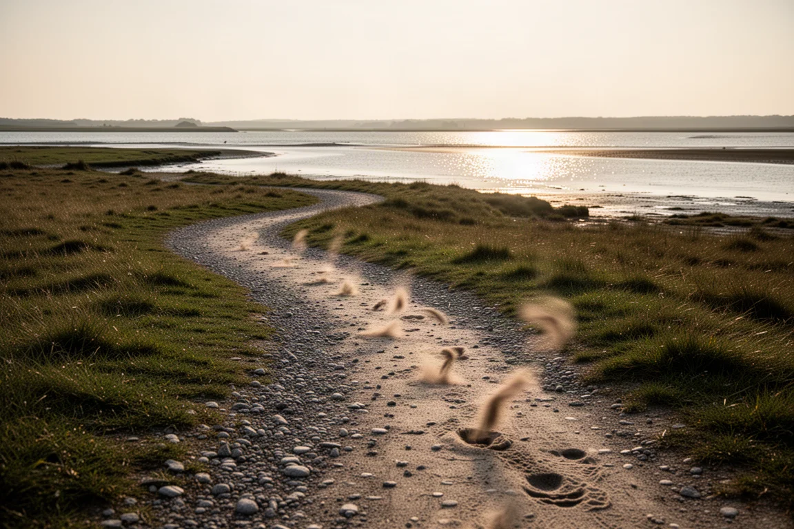 Gravel and stone trail path beside an estuary in warm evening light
