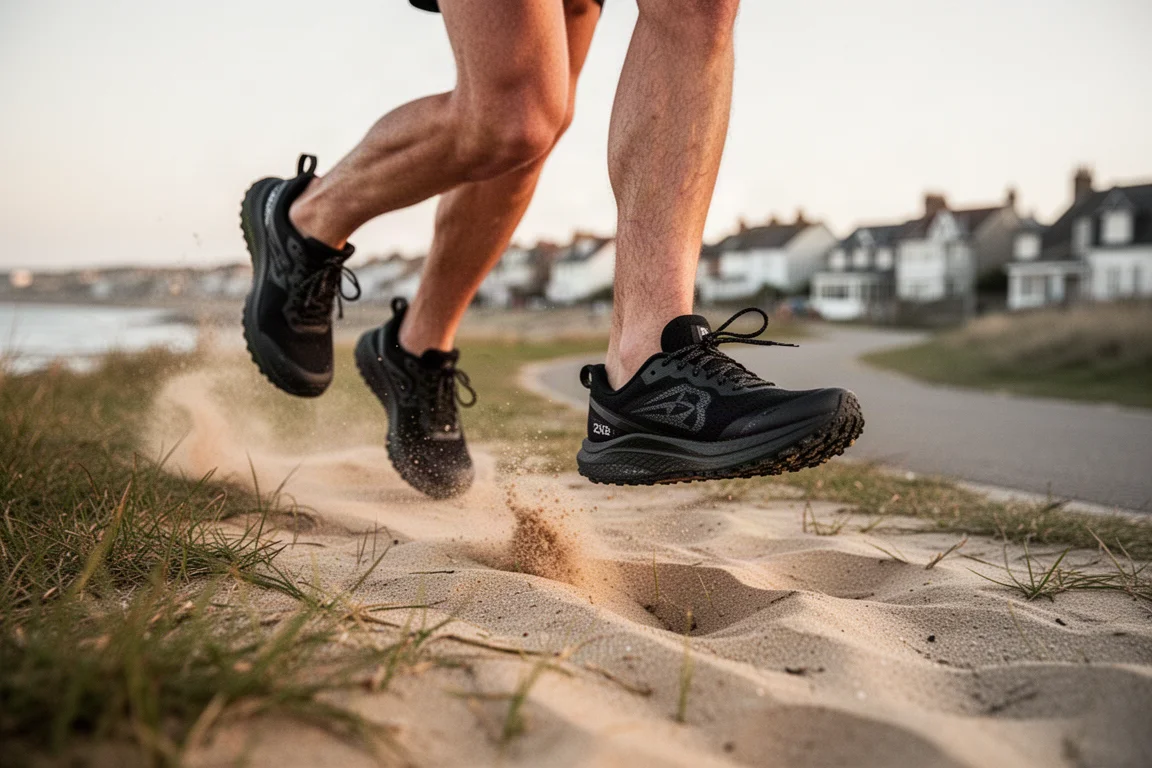 Runner's feet on sandy grass trail with black road-to-trail shoes mid-stride