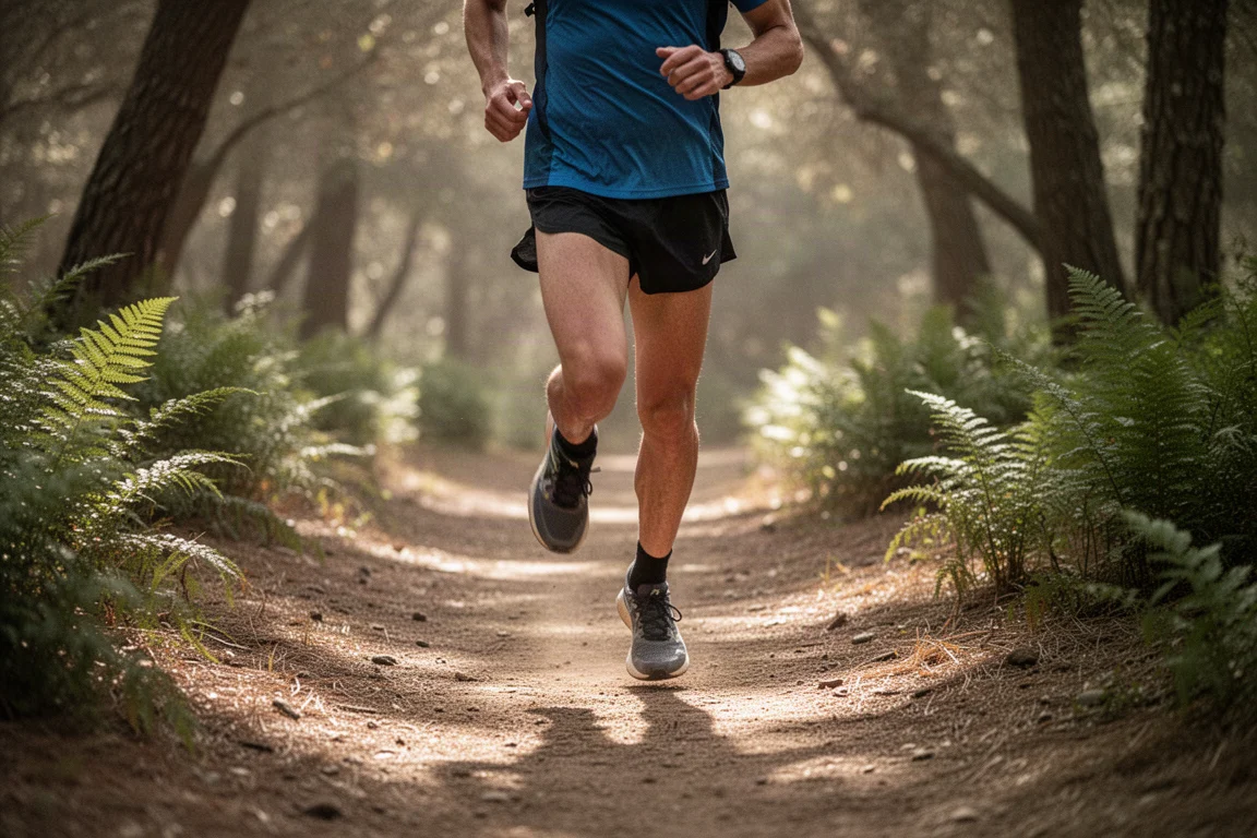 Trail runner che corre lungo un sentiero boschivo asciutto tra alberi illuminati dal sole