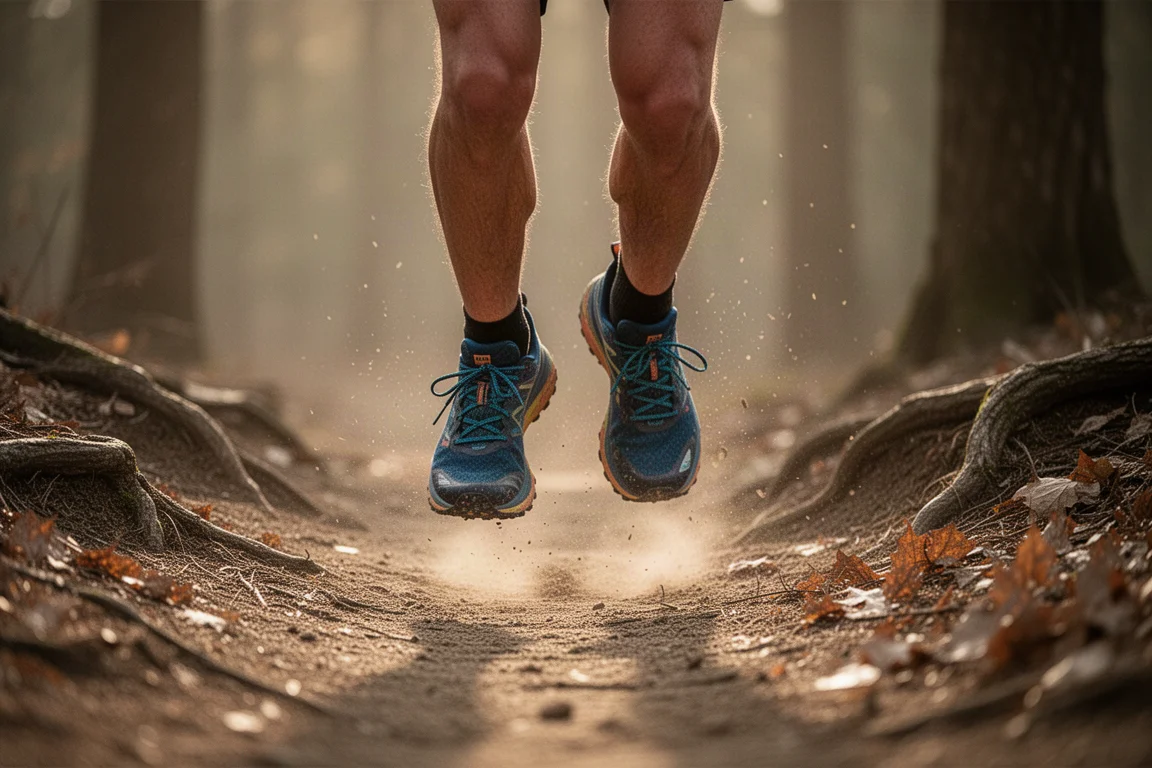 Piedi di un runner su un sentiero forestale asciutto nella calda luce del tardo pomeriggio